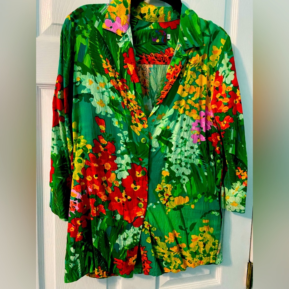 Jams World Vibrant Green, Red, Orange and Yellow Woman’s Topical Blouse